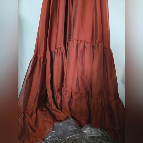 Mac Duggal 67948 Copper Criss Cross Waist Bishop Sleeve Dress Sz. 2 - Picture 5 of 12